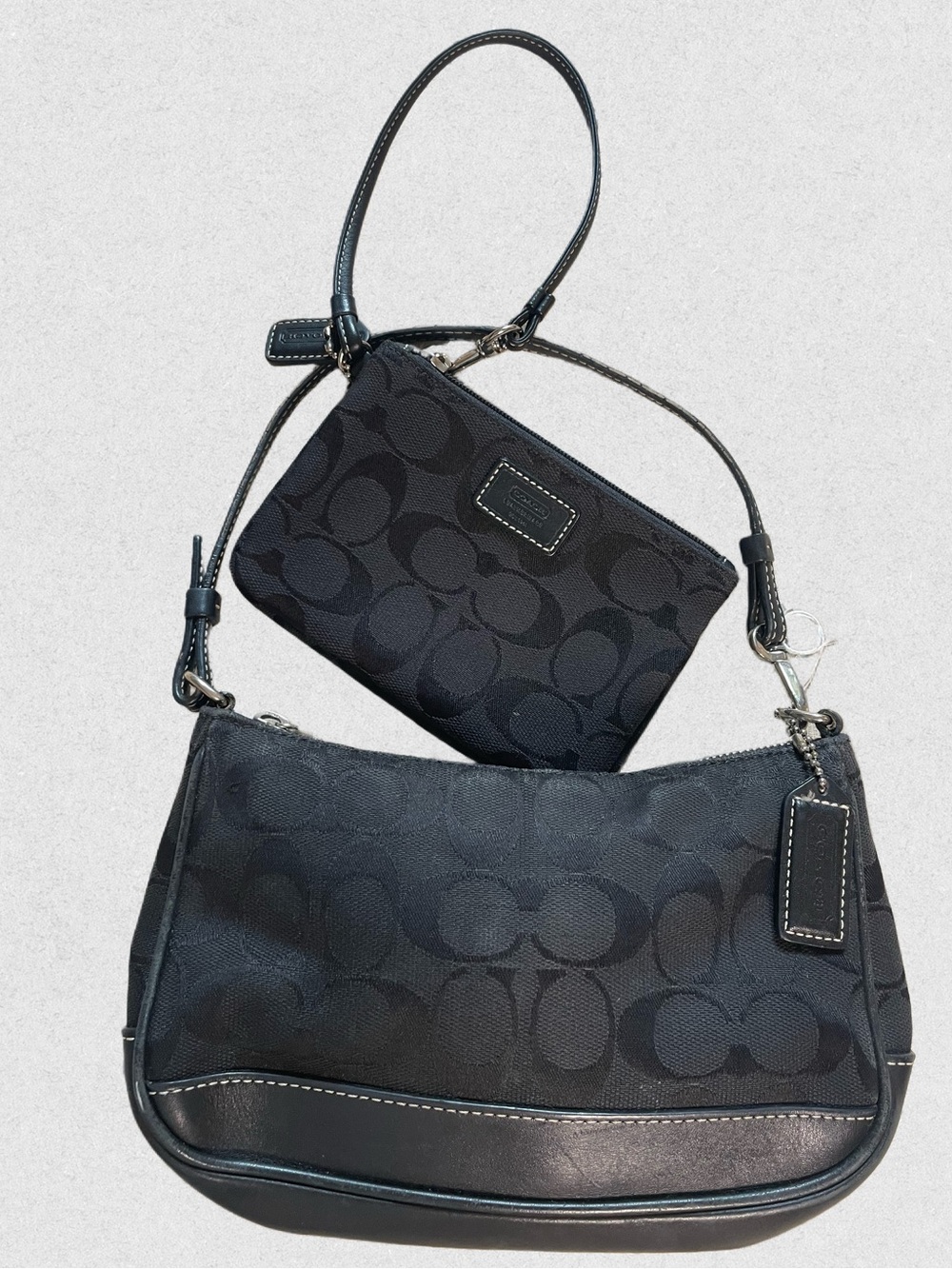 Y2K Coach Black Signature Jacquard Shoulder Bag with Wristlet
